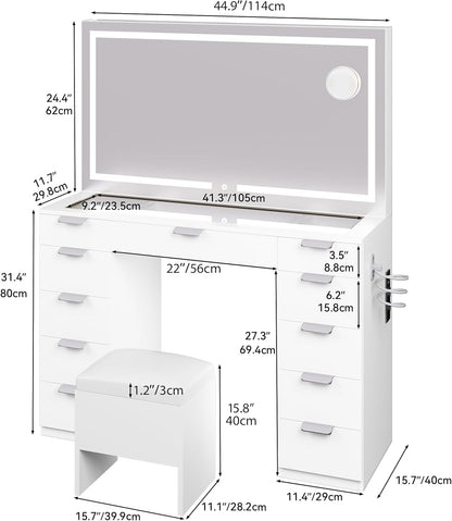 Grande Coiffeuse avec éclairage LED réglable et Prises électriques, Coiffeuse avec Miroir, Toit en Verre Transparent, 11 tiroirs et Tabouret, Blanc