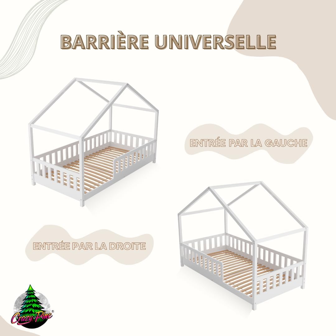 Lit cabane Crazy Pine Crazy House avec tiroirs 190 x 90 cm &ndash; Lit enfant en bois naturel avec barri&egrave;re &ndash; Lit Montessori au sol avec rangement suppl&eacute;mentaire et barri&egrave;re amovible