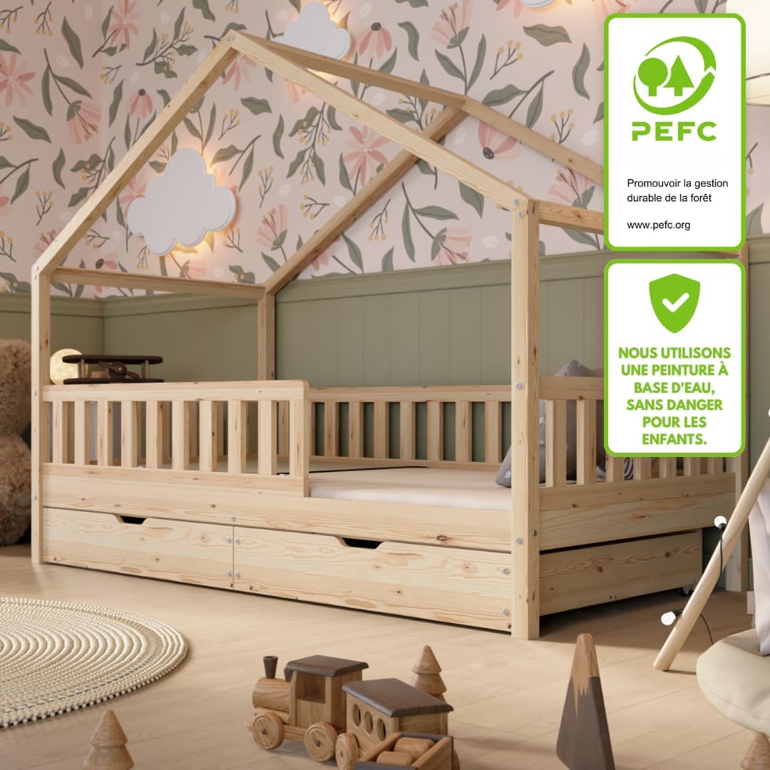 Lit cabane Crazy Pine Crazy House avec tiroirs 190 x 90 cm &ndash; Lit enfant en bois naturel avec barri&egrave;re &ndash; Lit Montessori au sol avec rangement suppl&eacute;mentaire et barri&egrave;re amovible