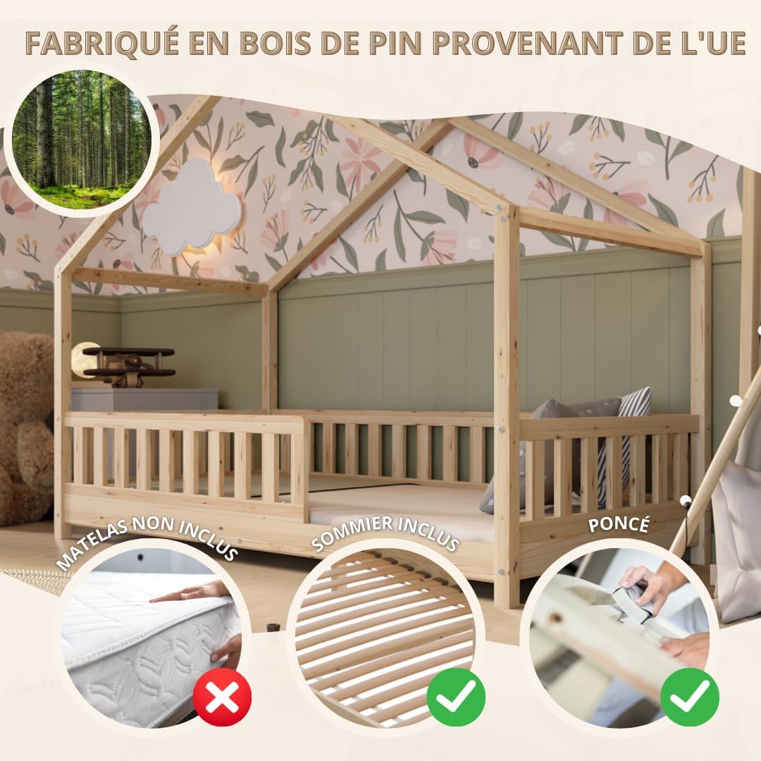 Lit cabane Crazy Pine Crazy House avec tiroirs 190 x 90 cm &ndash; Lit enfant en bois naturel avec barri&egrave;re &ndash; Lit Montessori au sol avec rangement suppl&eacute;mentaire et barri&egrave;re amovible