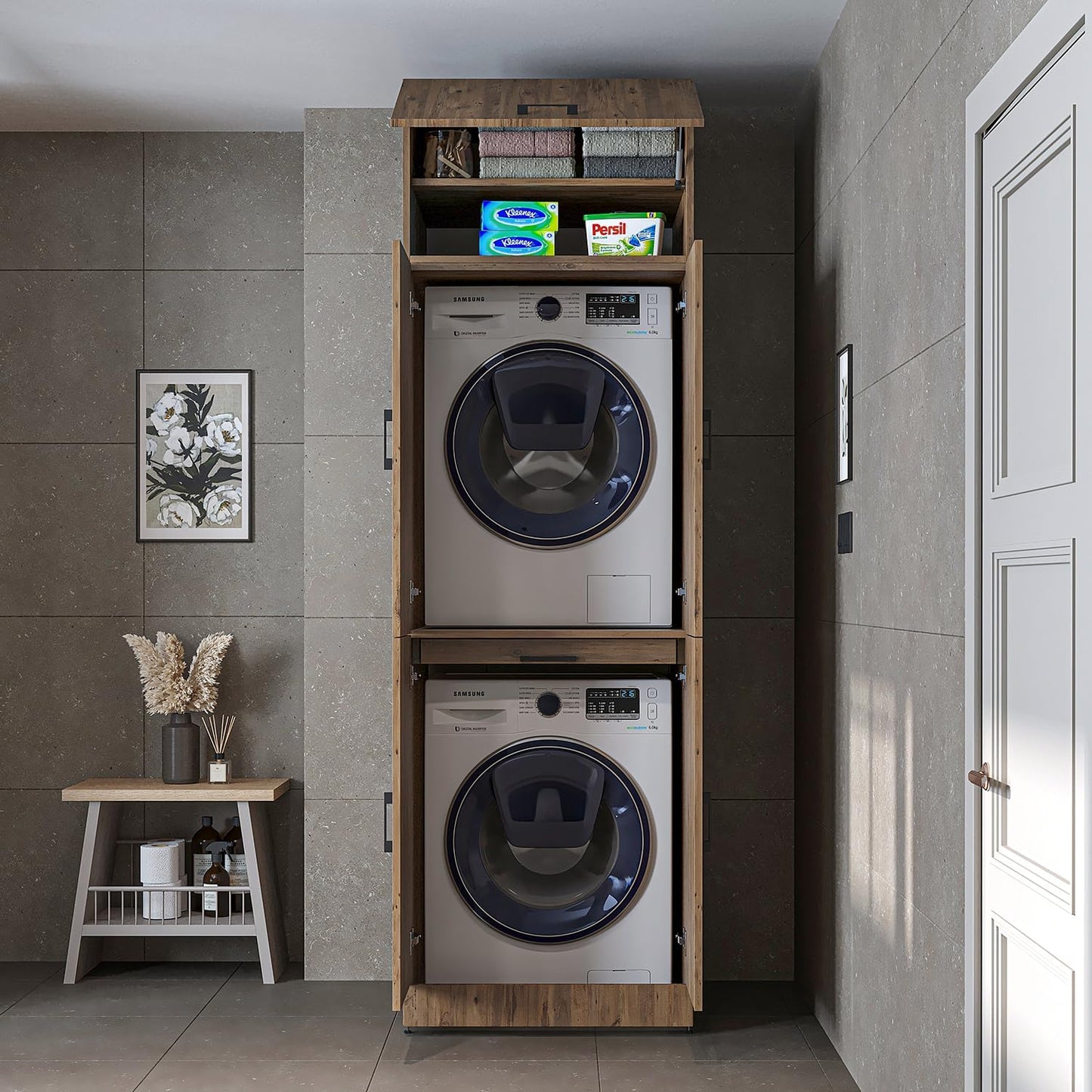 ROOMART Dora Armoire de machine à laver, pour sèche-linge et machine à laver, en 4 couleurs, avec portes et planche coulissante (chêne anthracite)