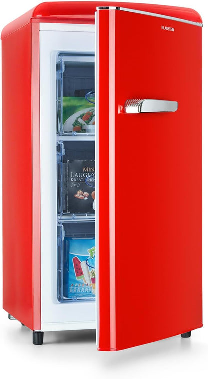 KLARSTEIN Laika - Congélateur, volume total 60 litres, thermostat à 5 niveaux, 0 à -18°C, 3 grilles, pose libre, design rétro - rouge