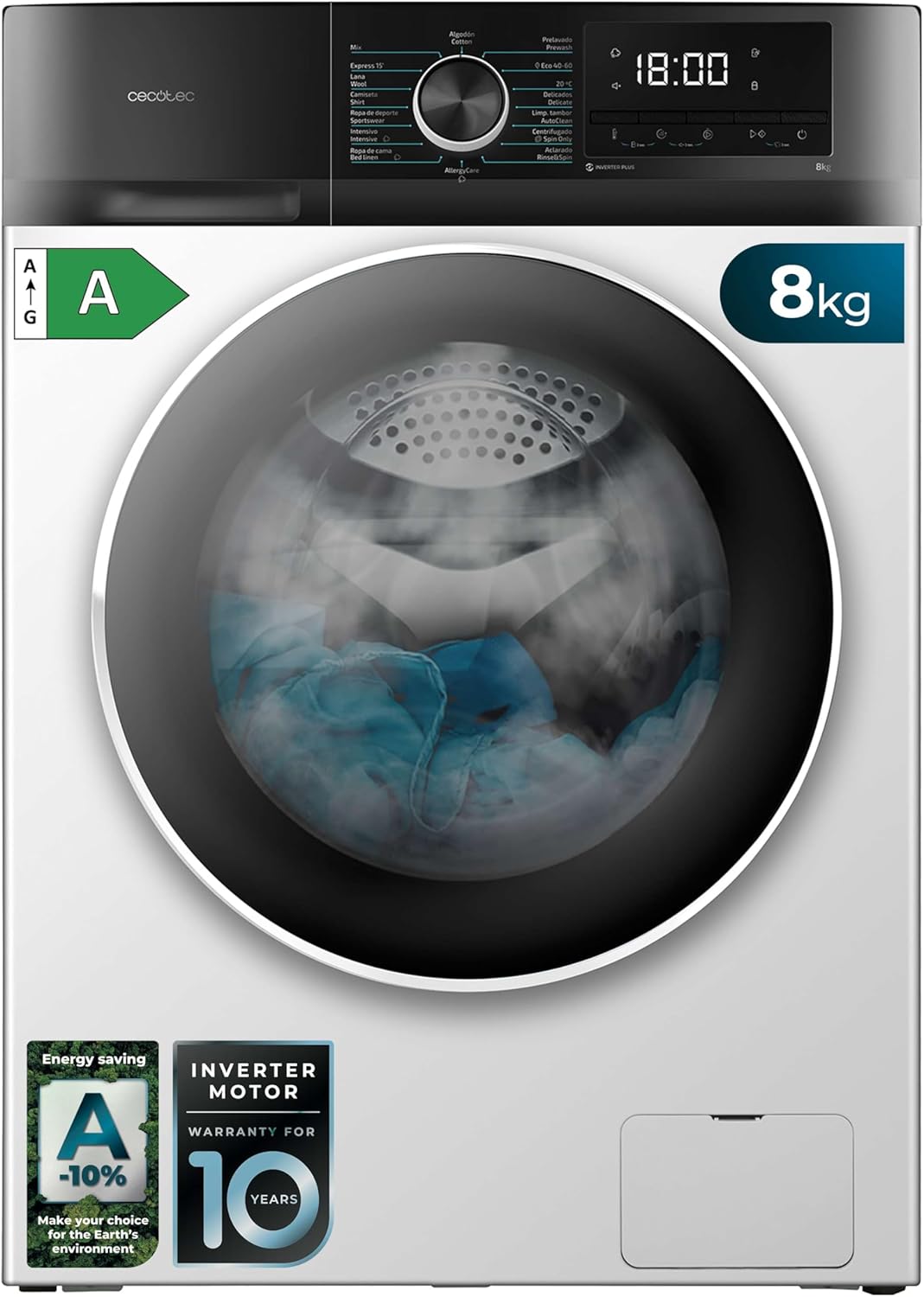 Cecotec Bolero Dresscode 10500 Inverter Steel A. Lave-linge 10 kg Steel, 1400 tr/min, Moteur Inverter Plus, Vapeur, Classe A.