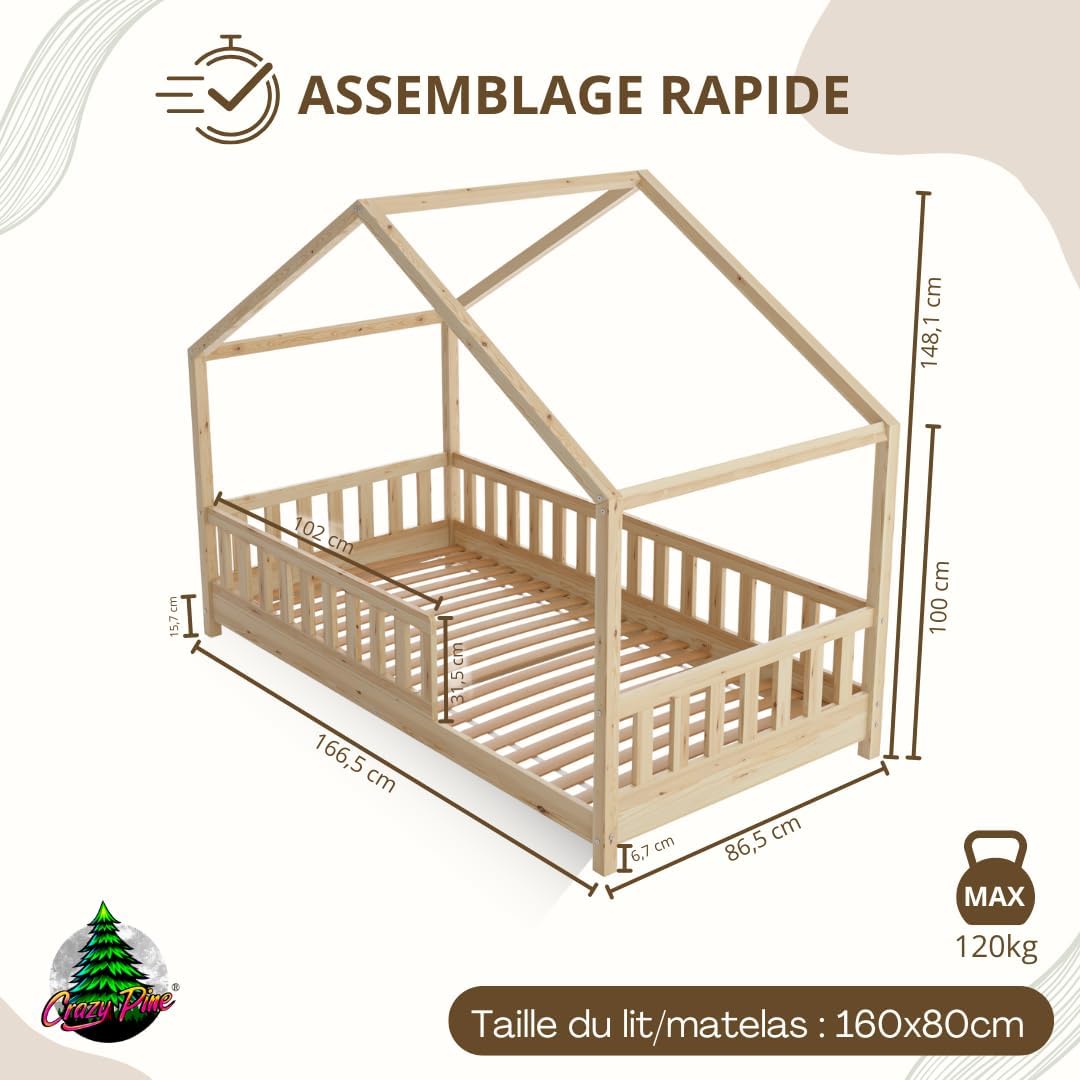 Lit cabane Crazy Pine Crazy House avec tiroirs 190 x 90 cm &ndash; Lit enfant en bois naturel avec barri&egrave;re &ndash; Lit Montessori au sol avec rangement suppl&eacute;mentaire et barri&egrave;re amovible