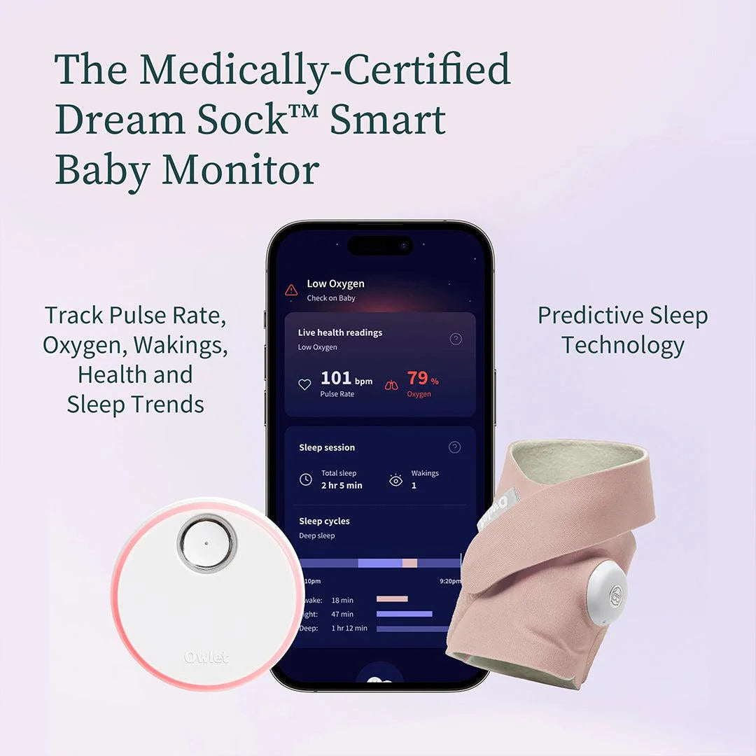 2026 Owlet Dream Sock™ – Moniteur Bébé Intelligent avec Surveillance en Temps Réel du Pouls, de l’Oxygène et du Sommeil – Couleur Rose Poudré