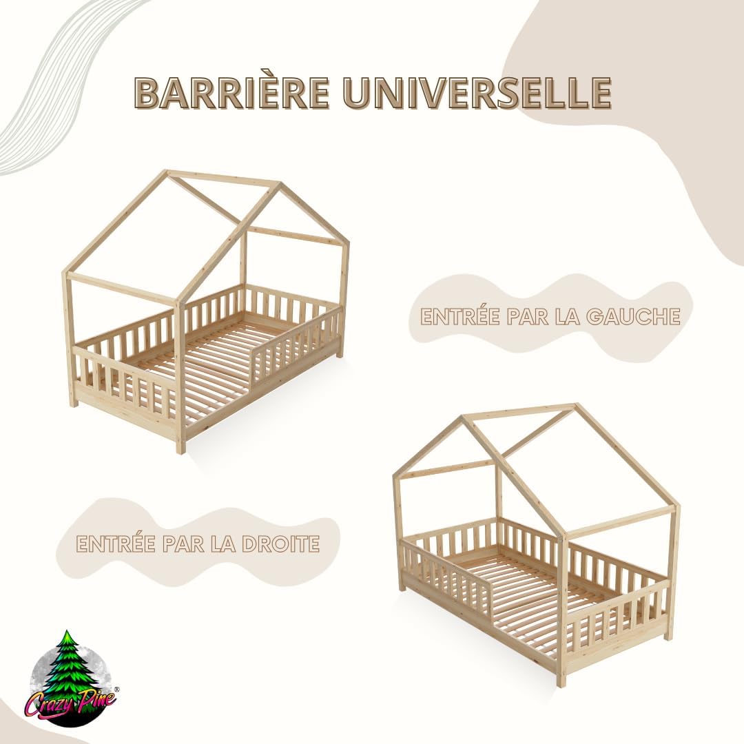 Lit cabane Crazy Pine Crazy House avec tiroirs 190 x 90 cm &ndash; Lit enfant en bois naturel avec barri&egrave;re &ndash; Lit Montessori au sol avec rangement suppl&eacute;mentaire et barri&egrave;re amovible
