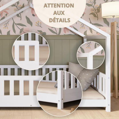 Lit cabane Crazy Pine Crazy House avec tiroirs 190 x 90 cm &ndash; Lit enfant en bois naturel avec barri&egrave;re &ndash; Lit Montessori au sol avec rangement suppl&eacute;mentaire et barri&egrave;re amovible