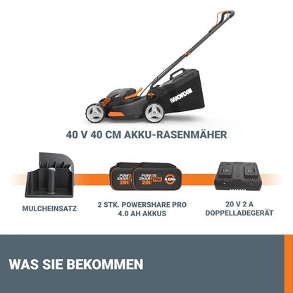 Tondeuse à gazon sans fil WORX WG743E 40V (2026) – Tondeuse à gazon professionnelle avec fonction mulching et batterie PowerShare – Tonte de pelouse sans fil – Idéale pour les jardins jusqu'à 500 m²