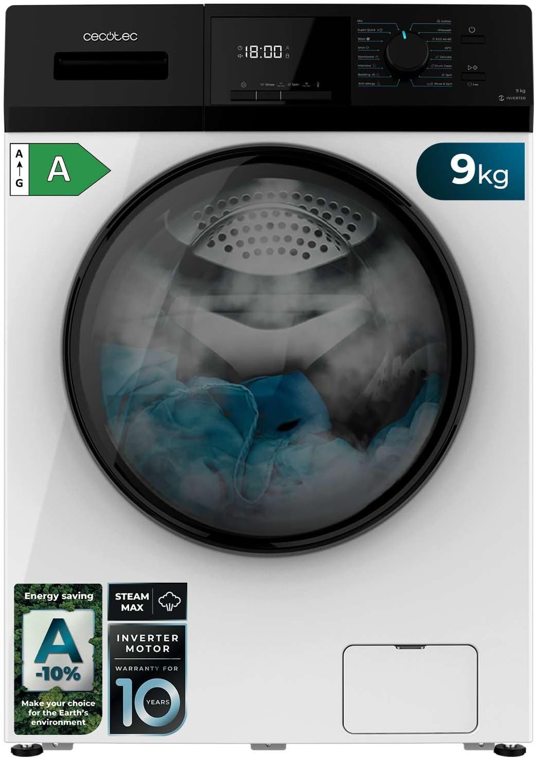 Cecotec Lave-Linge 9Kg Chargement Frontal Bolero Dresscode 9410 Inverter A. 1900W, 1400 tr/min Réglable, 16 Programmes, Faible Consommation d'Énergie, Vapeur, Stérilisation du Linge
