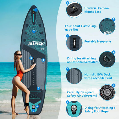 Planche de stand up paddle gonflable haut de gamme ALLPICK 2026 320 x 81 x 15 cm – Ensemble complet avec pagaie réglable, sac à dos, caméra de sport et siège kayak – SUP stable et durable jusqu'à 180 kg, pour débutants et experts