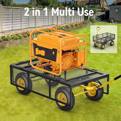 Chariot de jardin en acier 2026, 2 en 1, robuste, utilitaire, 635 kg (1400 lb), avec ridelles amovibles en filet pour le transformer en plateau, demi-tour à 240°, pneus pneumatiques de 33 cm (13 po), idéal pour la ferme, le jardin, la pelouse et le c