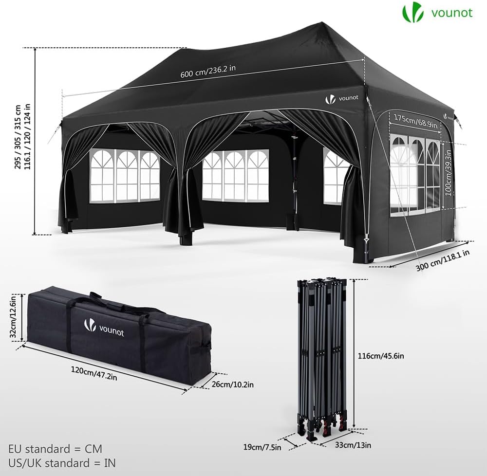 Tonnelle de Jardin Extérieur 3x6m Barnum Pliant avec 6 Parois Amovibles et 6 Sacs de Sable Tente de Reception Imperméable et Anti-UV pour Camping Festival Mariage Sac de Transport Inclus Noir