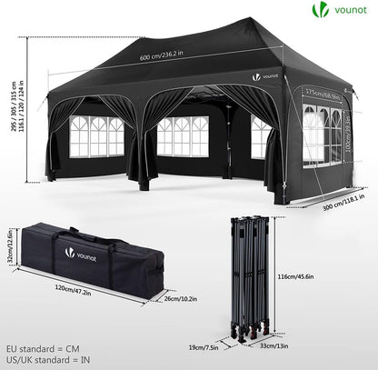 Tonnelle de Jardin Extérieur 3x6m Barnum Pliant avec 6 Parois Amovibles et 6 Sacs de Sable Tente de Reception Imperméable et Anti-UV pour Camping Festival Mariage Sac de Transport Inclus Noir