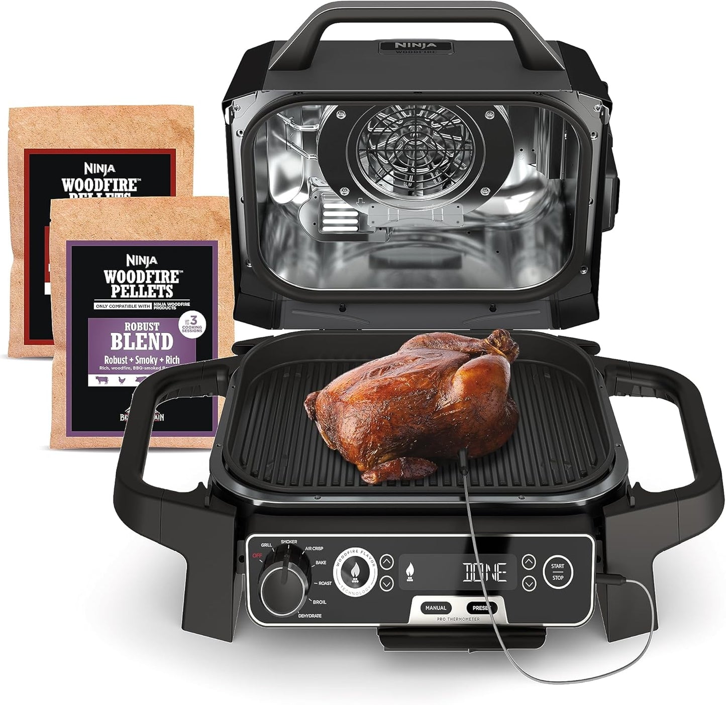 Ninja Woodfire Pro Gril et fumoir 7 en 1 avec thermomètre, friteuse à air, barbecue, pâtisserie, grillades, grillades, barbecue électrique portable pour extérieur, gris