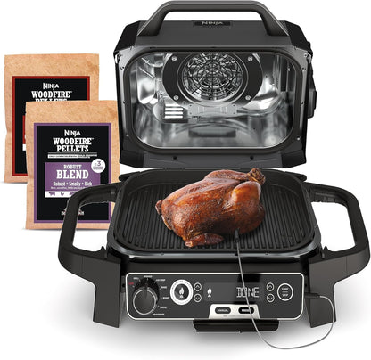 Ninja Woodfire Pro Gril et fumoir 7 en 1 avec thermomètre, friteuse à air, barbecue, pâtisserie, grillades, grillades, barbecue électrique portable pour extérieur, gris