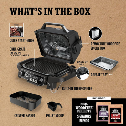 Ninja Woodfire Pro Gril et fumoir 7 en 1 avec thermomètre, friteuse à air, barbecue, pâtisserie, grillades, grillades, barbecue électrique portable pour extérieur, gris