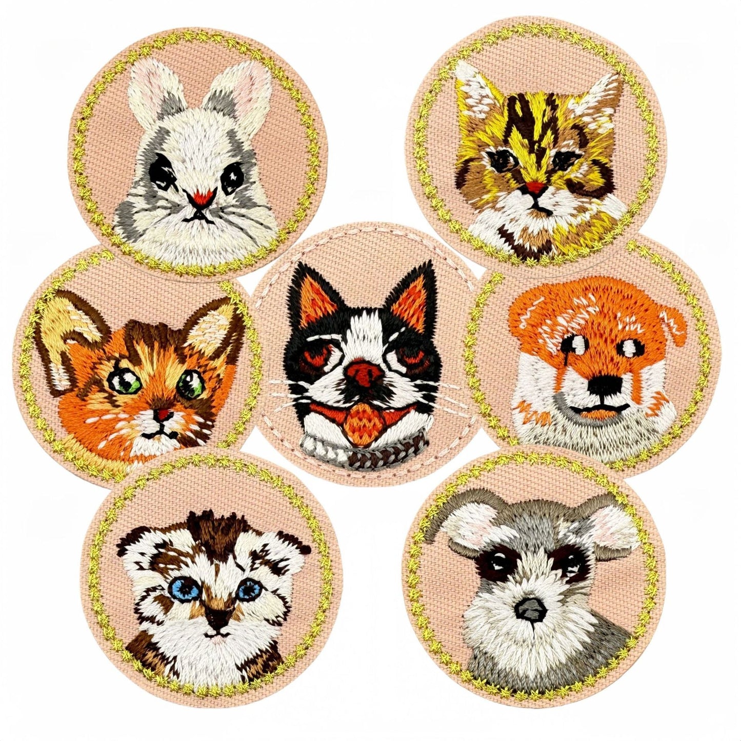 round animal face embroidered patches cat dog fox iron on