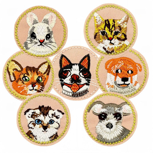 round animal face embroidered patches cat dog fox iron on