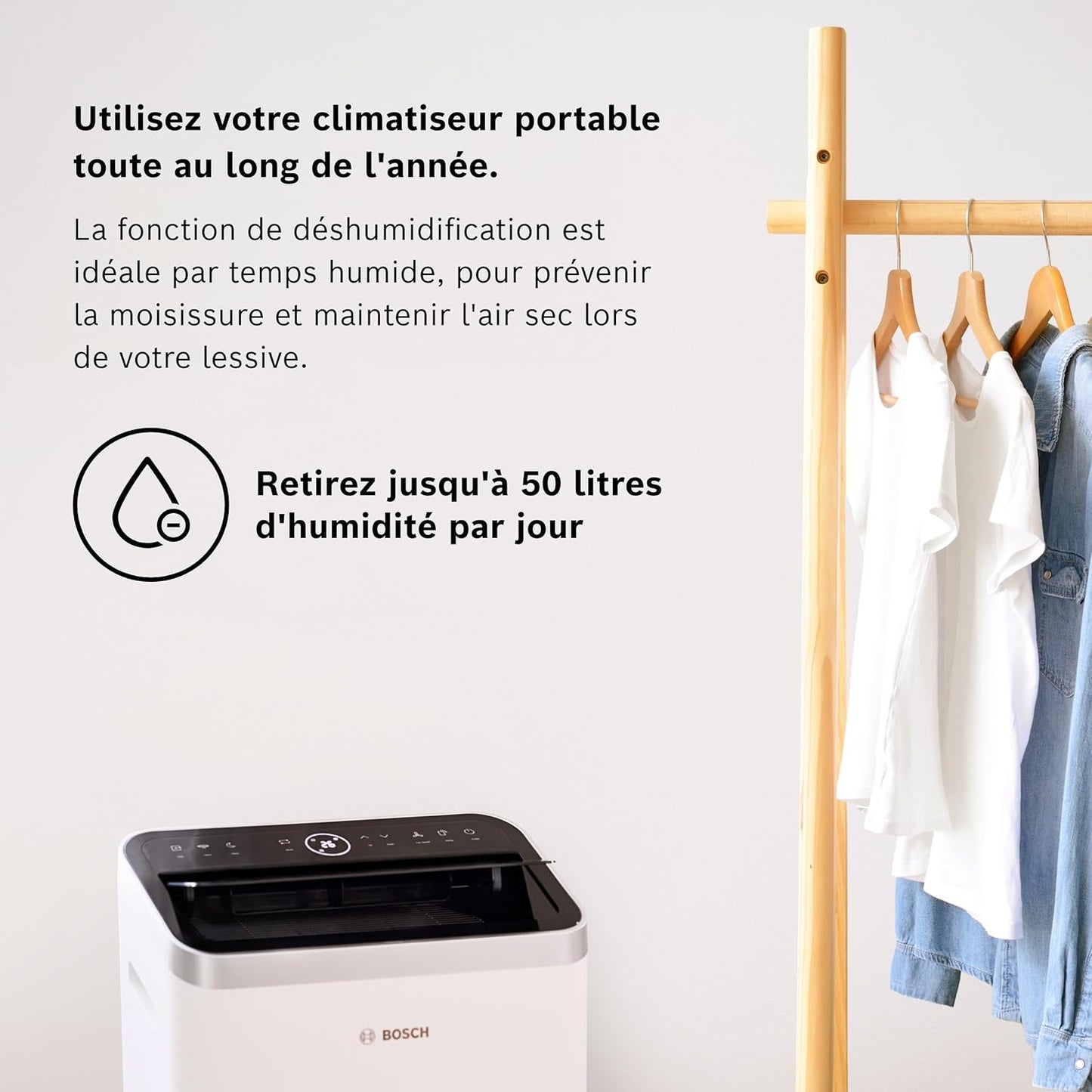 Bosch Cool 4000 Portable AC - 3 en 1 : Climatiseur, Déshumidificateur, Ventilateur - 2,6 kW pour les pièces jusqu'à 35m² - Avec Mode Auto, Mode Silencieux et Mode Veille (48 db (A)) [Classe A+]