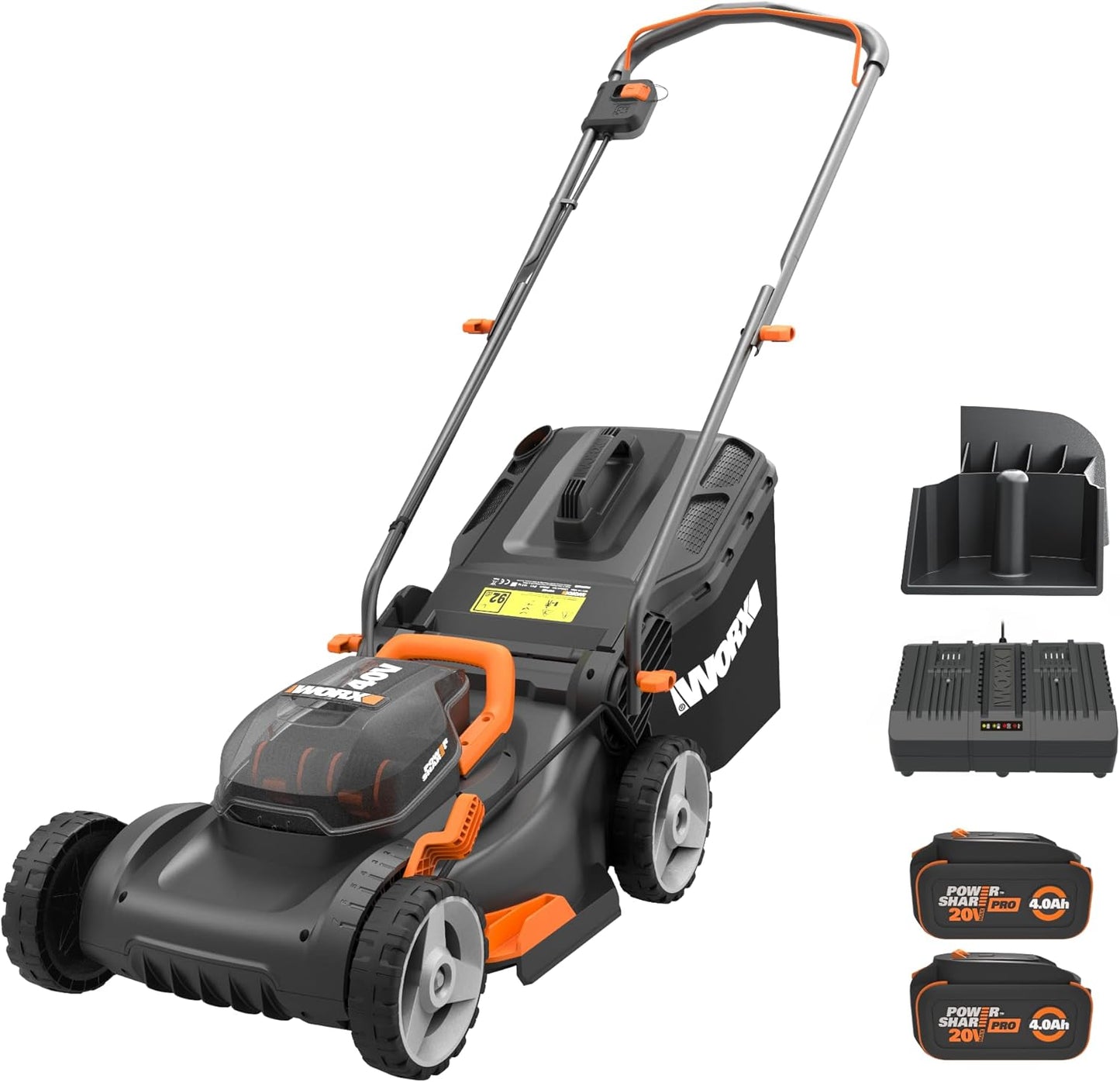 WORX Tondeuse à Gazon sans Fil 40 V (2 x 20 V) Max 40cm WG734E Idéale pour Un Jardin jusqu'à 500m², Powershare, 4 Ah, Technologie IntelliCut Hauteur de Coupe 20-80mm