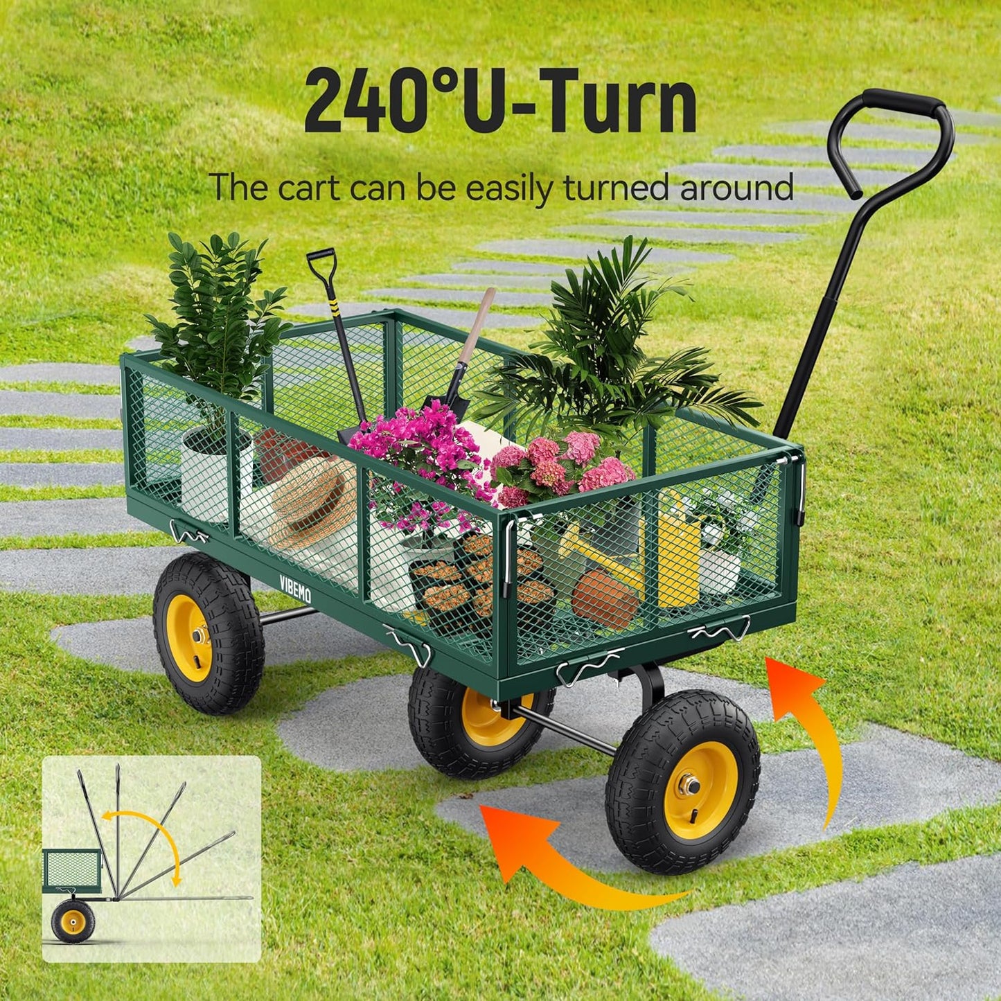 Chariot de jardin en acier 2026, 2 en 1, robuste, utilitaire, 635 kg (1400 lb), avec ridelles amovibles en filet pour le transformer en plateau, demi-tour à 240°, pneus pneumatiques de 33 cm (13 po), idéal pour la ferme, le jardin, la pelouse et le c