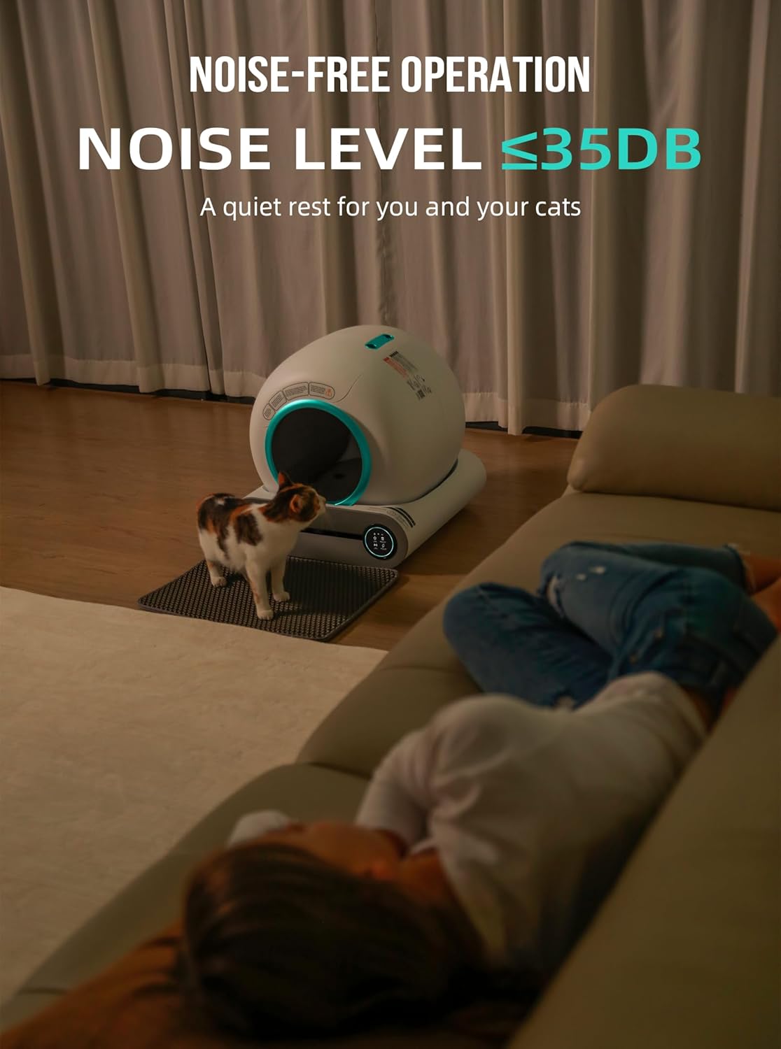 Bac à litière autonettoyant pour chat 2026, avec tapis et inserts, grande capacité 65 L + 9 L, contrôle par application / convient pour plusieurs chats – Gris