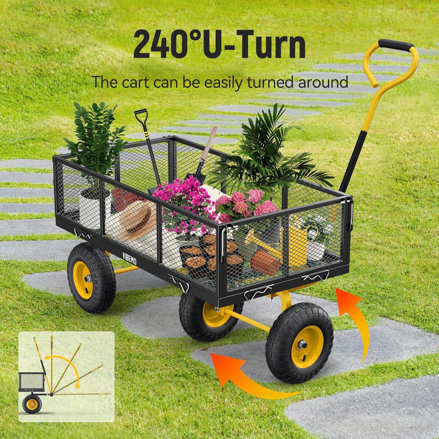 Chariot de jardin en acier 2026, 2 en 1, robuste, utilitaire, 635 kg (1400 lb), avec ridelles amovibles en filet pour le transformer en plateau, demi-tour à 240°, pneus pneumatiques de 33 cm (13 po), idéal pour la ferme, le jardin, la pelouse et le c