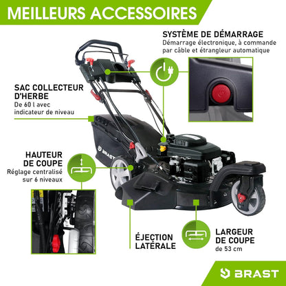 BRAST tondeuse thermique 3 roues TRIKE E-START 224cc 53cm tractée démarrage électrique mulching 4en1 capot en tôle en acier 60l - moteur 4 temps de la marque française GT reglable