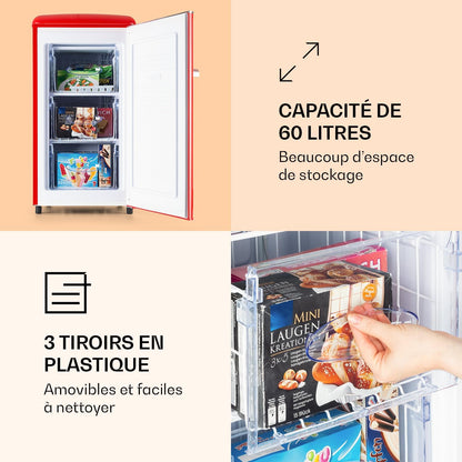 KLARSTEIN Laika - Congélateur, volume total 60 litres, thermostat à 5 niveaux, 0 à -18°C, 3 grilles, pose libre, design rétro - rouge