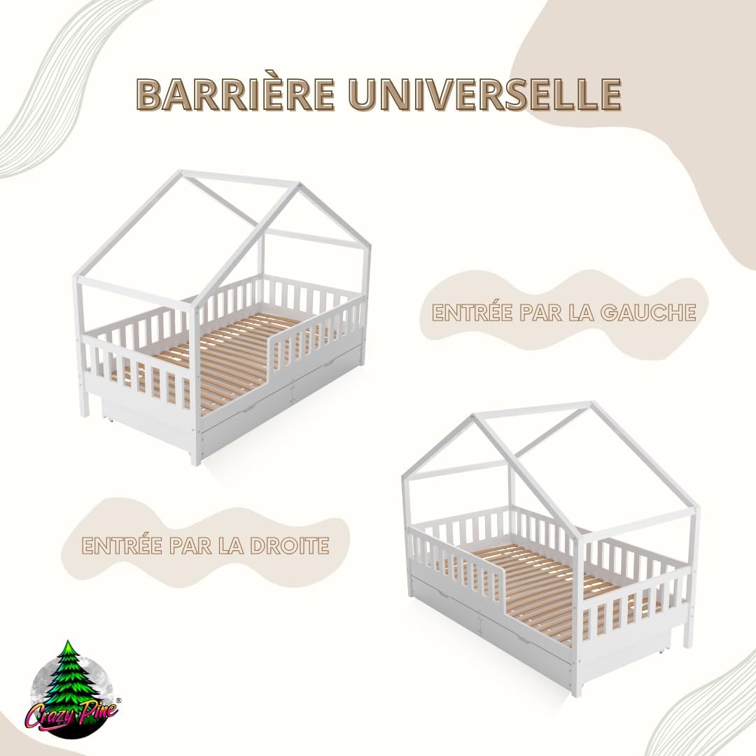 Lit cabane Crazy Pine Crazy House avec tiroirs 190 x 90 cm &ndash; Lit enfant en bois naturel avec barri&egrave;re &ndash; Lit Montessori au sol avec rangement suppl&eacute;mentaire et barri&egrave;re amovible