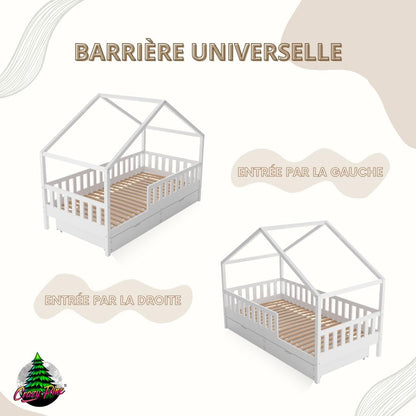 Lit cabane Crazy Pine Crazy House avec tiroirs 190 x 90 cm &ndash; Lit enfant en bois naturel avec barri&egrave;re &ndash; Lit Montessori au sol avec rangement suppl&eacute;mentaire et barri&egrave;re amovible