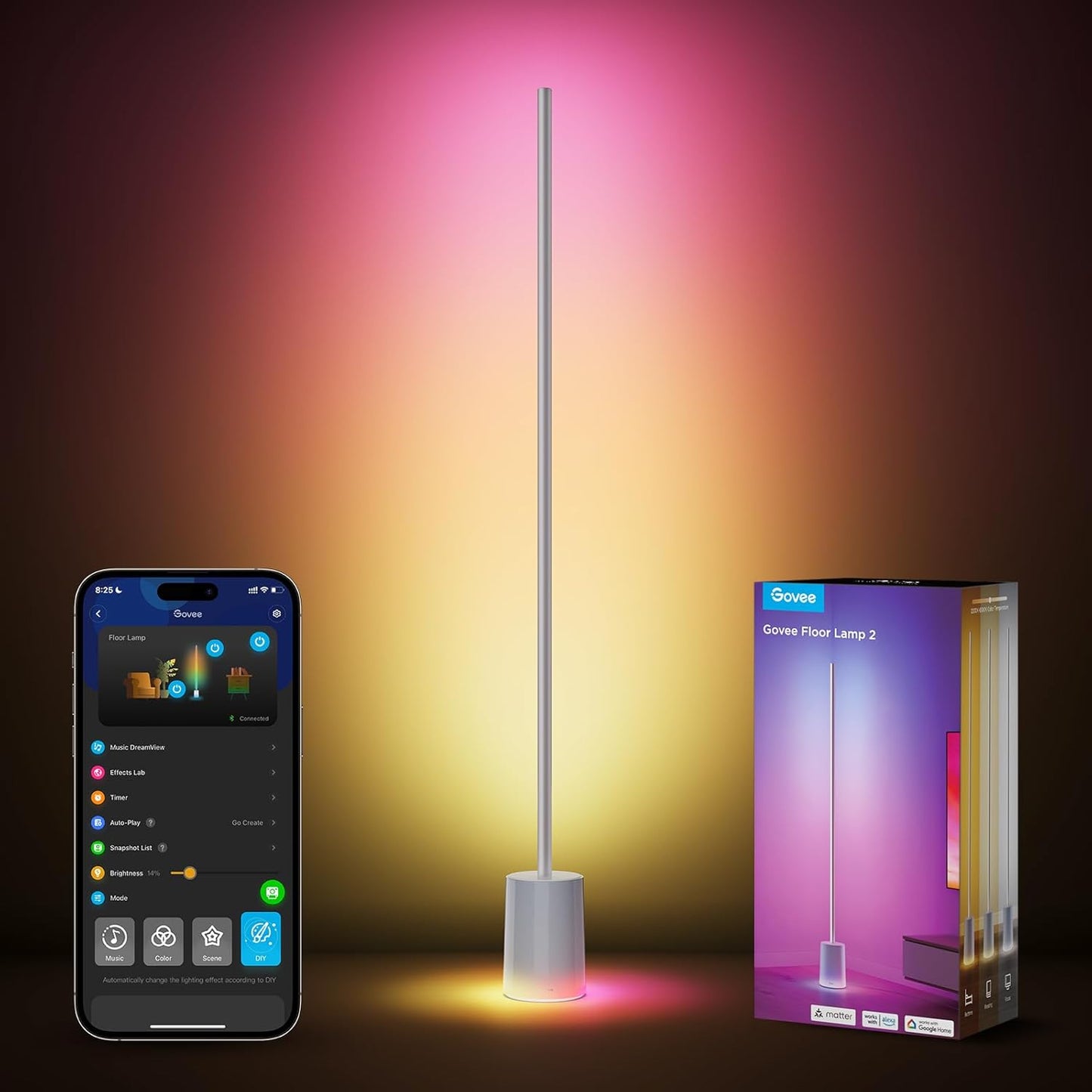 2026 Lampadaire Govee 2 avec Matter, LED RGBIC, Blanc Chaud et Froid, Compatible Alexa, 1725 lm, Synchronisation Musique, Modes Scènes, Lampadaire Intelligent pour Salon et Chambre, Noir (1 Pièce)