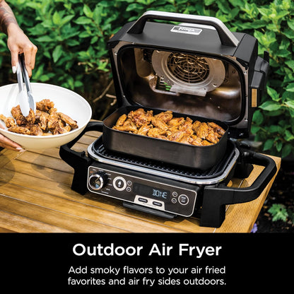 Ninja Woodfire Pro Gril et fumoir 7 en 1 avec thermomètre, friteuse à air, barbecue, pâtisserie, grillades, grillades, barbecue électrique portable pour extérieur, gris