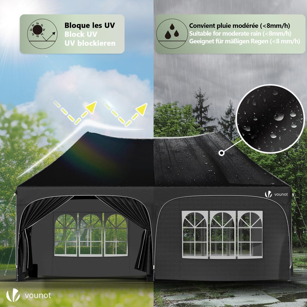 Tonnelle de Jardin Extérieur 3x6m Barnum Pliant avec 6 Parois Amovibles et 6 Sacs de Sable Tente de Reception Imperméable et Anti-UV pour Camping Festival Mariage Sac de Transport Inclus Noir