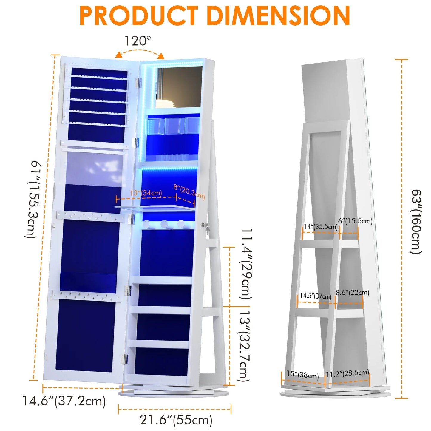 Armoire à bijoux rotative à 360° LVSOMT 2026 avec miroir pleine longueur, grand meuble à bijoux, miroir sur pied verrouillable, organisateur de bijoux avec miroir de maquillage intérieur et intérieur en velours doux pour salon et chambre.