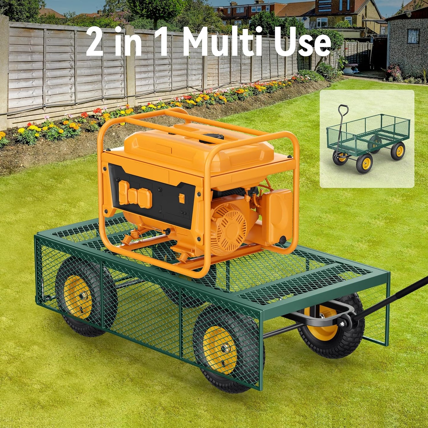 Chariot de jardin en acier 2026, 2 en 1, robuste, utilitaire, 635 kg (1400 lb), avec ridelles amovibles en filet pour le transformer en plateau, demi-tour à 240°, pneus pneumatiques de 33 cm (13 po), idéal pour la ferme, le jardin, la pelouse et le c