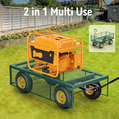 Chariot de jardin en acier 2026, 2 en 1, robuste, utilitaire, 635 kg (1400 lb), avec ridelles amovibles en filet pour le transformer en plateau, demi-tour à 240°, pneus pneumatiques de 33 cm (13 po), idéal pour la ferme, le jardin, la pelouse et le c