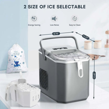 Machine à glaçons de comptoir 2026, portable, avec poignée de transport, autonettoyante, panier et pelle inclus, 9 glaçons en 6 minutes, capacité de 12 kg/24 h, 2 tailles de glaçons, idéale pour la maison, la cuisine et les fêtes, coloris noir et ver