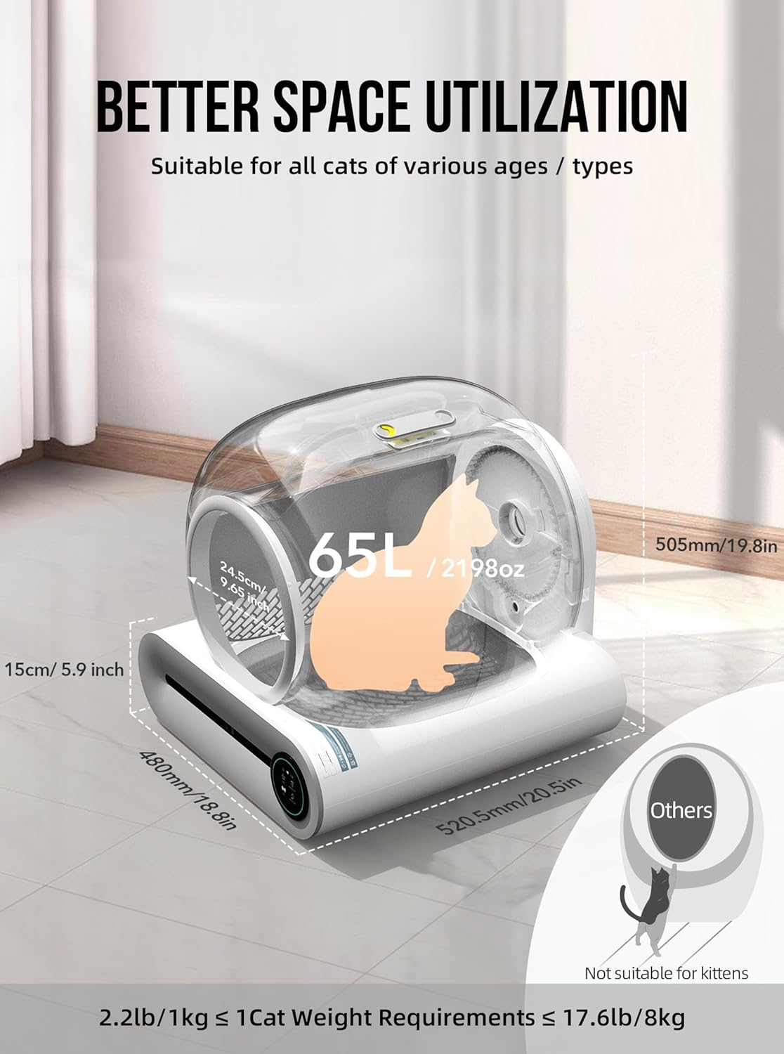 Bac à litière autonettoyant pour chat 2026, avec tapis et inserts, grande capacité 65 L + 9 L, contrôle par application / convient pour plusieurs chats – Gris