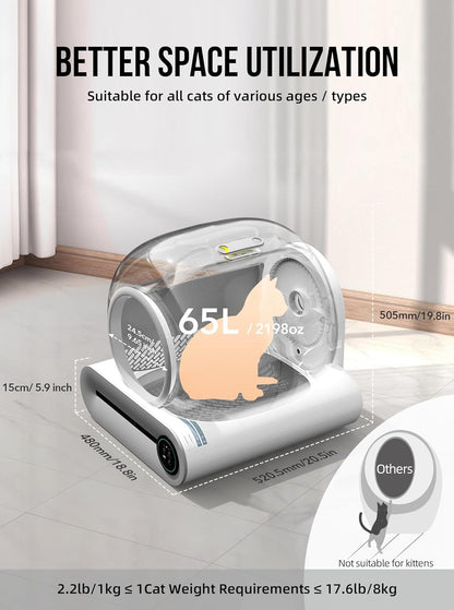 Bac à litière autonettoyant pour chat 2026, avec tapis et inserts, grande capacité 65 L + 9 L, contrôle par application / convient pour plusieurs chats – Gris