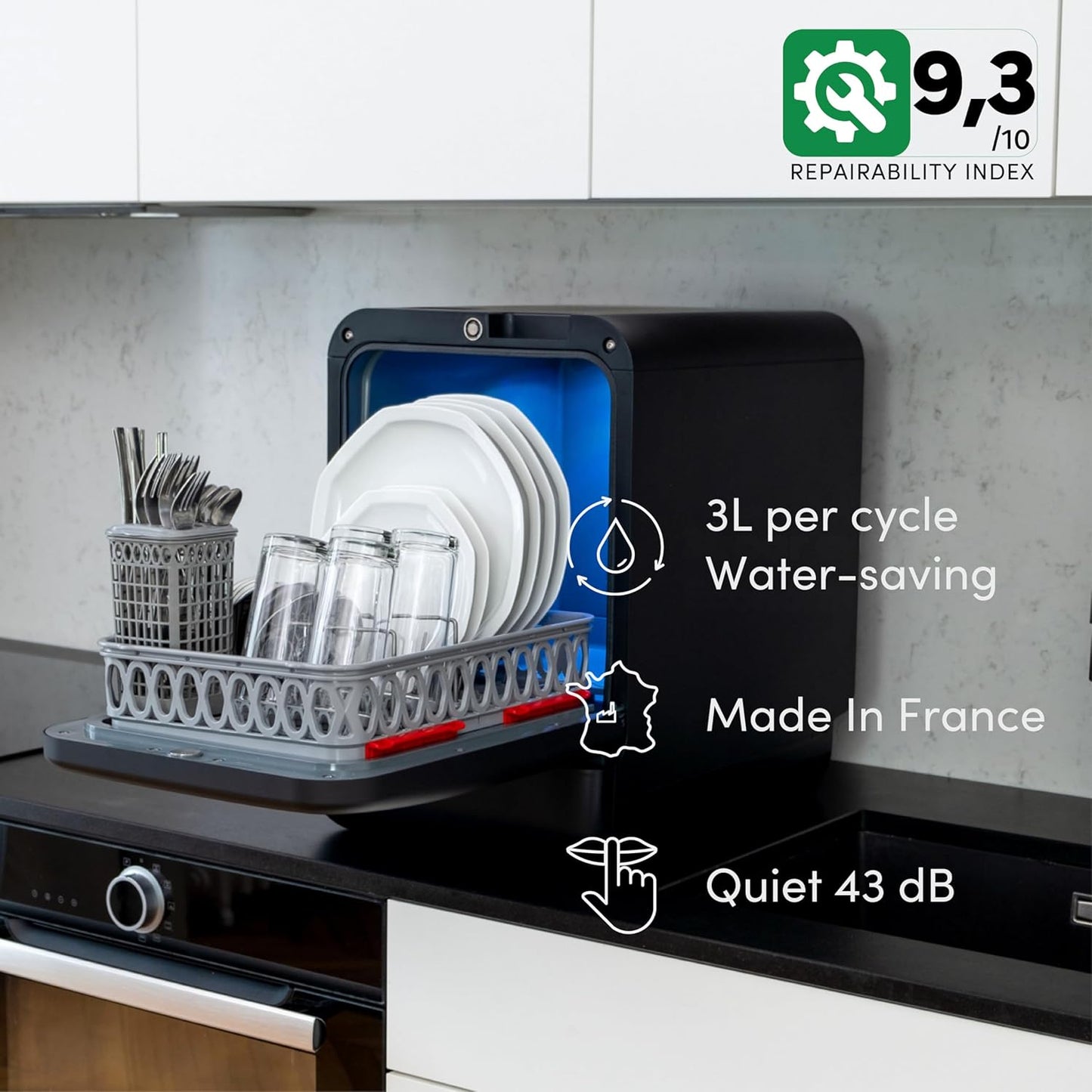 DAAN TECH Bob - Lave-vaisselle Compact 3 Couverts Encastrable - Pose Libre, Avec Réservoir, Portable - Séchage Naturel - Assiette 29 cm - Label Origine France Garantie, Eco-Conçu (Blanc-Rouge)