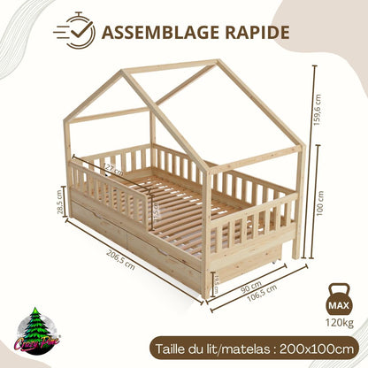 Lit cabane Crazy Pine Crazy House avec tiroirs 190 x 90 cm &ndash; Lit enfant en bois naturel avec barri&egrave;re &ndash; Lit Montessori au sol avec rangement suppl&eacute;mentaire et barri&egrave;re amovible