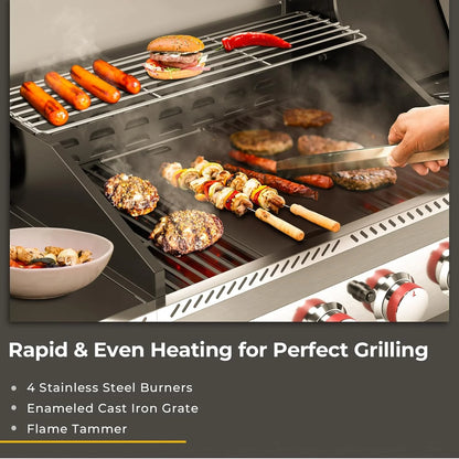 Barbecues à gaz propane R.W.FLAME 2026 à 3 et 4 brûleurs avec brûleurs latéraux, pour la cuisine en plein air, les grillades, la terrasse et le camping.