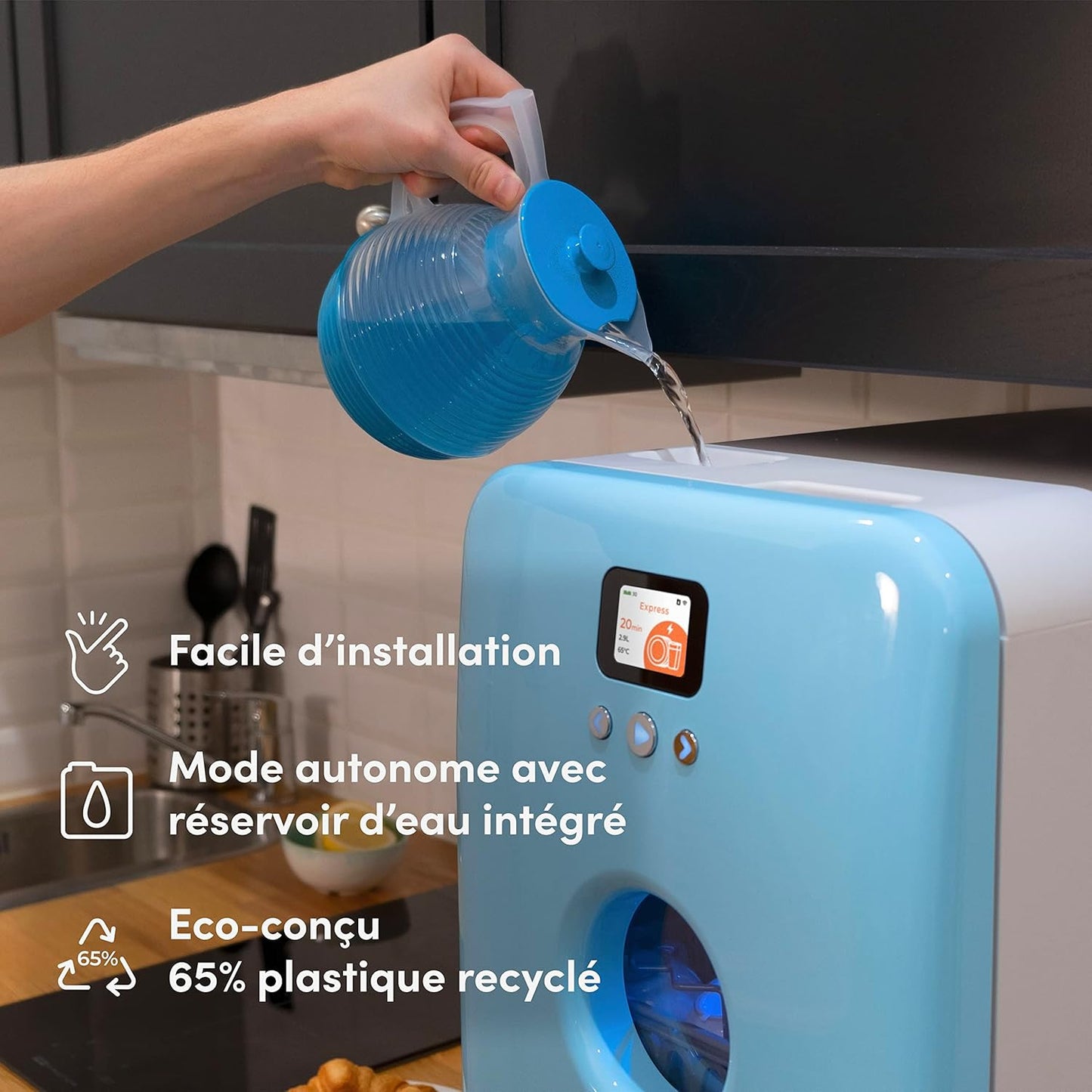 DAAN TECH Bob - Lave-vaisselle Compact 3 Couverts Encastrable - Pose Libre, Avec Réservoir, Portable - Séchage Naturel - Assiette 29 cm - Label Origine France Garantie, Eco-Conçu (Blanc-Rouge)