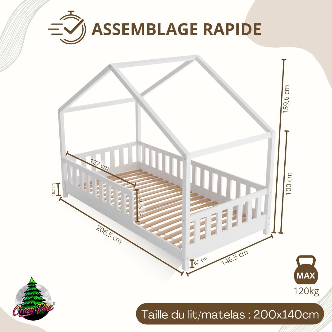 Lit cabane Crazy Pine Crazy House avec tiroirs 190 x 90 cm &ndash; Lit enfant en bois naturel avec barri&egrave;re &ndash; Lit Montessori au sol avec rangement suppl&eacute;mentaire et barri&egrave;re amovible