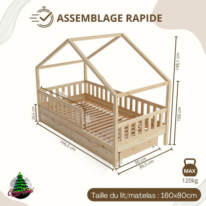 Lit cabane Crazy Pine Crazy House avec tiroirs 190 x 90 cm &ndash; Lit enfant en bois naturel avec barri&egrave;re &ndash; Lit Montessori au sol avec rangement suppl&eacute;mentaire et barri&egrave;re amovible