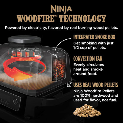 Ninja Woodfire Pro Gril et fumoir 7 en 1 avec thermomètre, friteuse à air, barbecue, pâtisserie, grillades, grillades, barbecue électrique portable pour extérieur, gris