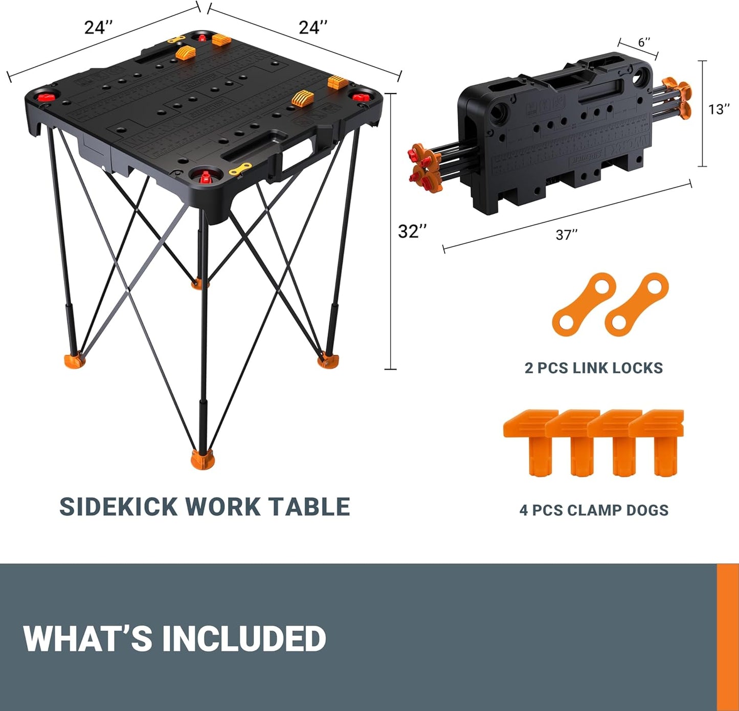 2026 Table de Travail et Chevalet Pliant 2-en-1 Worx Pegasus, Banc de Travail Portable Facile à Installer, 31" L x 25" P x 32" H, Léger avec Haute Capacité de Charge, WX051 - Inclut 2 Serres et 4 Brides