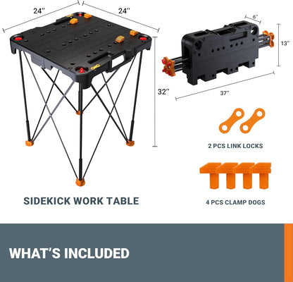2026 Table de Travail et Chevalet Pliant 2-en-1 Worx Pegasus, Banc de Travail Portable Facile à Installer, 31" L x 25" P x 32" H, Léger avec Haute Capacité de Charge, WX051 - Inclut 2 Serres et 4 Brides