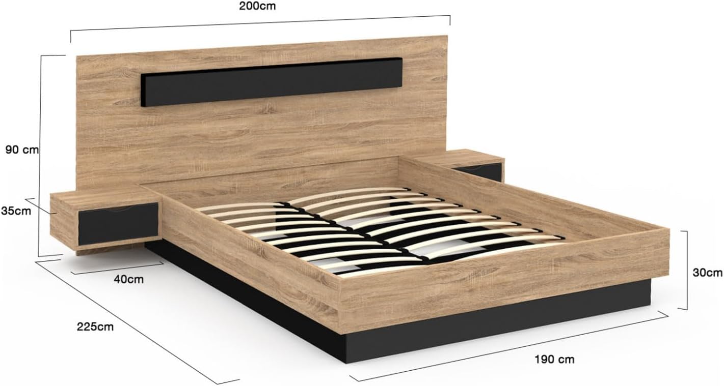 Lit Coffre Santa avec Tables de chevets intégrées et sommier 140x190cm Couleur Bois et Noir